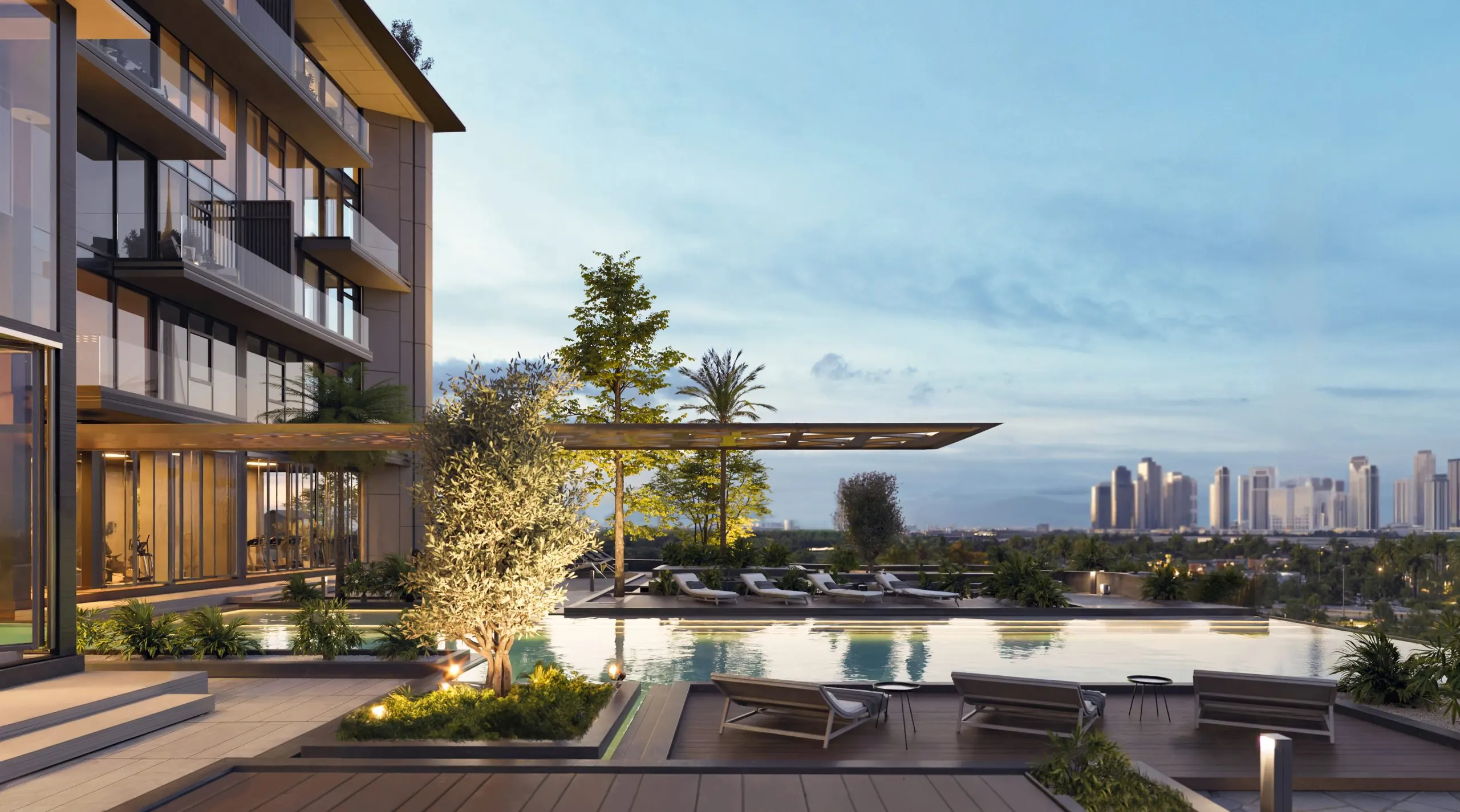 The Highgrove — skyline and lagoon views at dusk across MBR City, Dubai