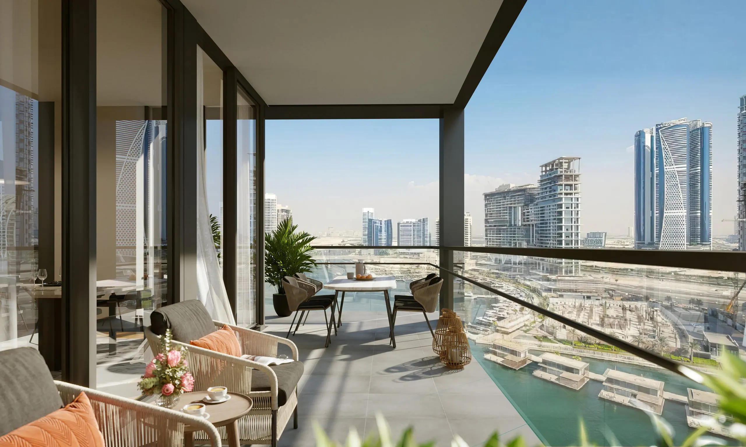 The Crestmark residences above Business Bay, Dubai — evening skyline